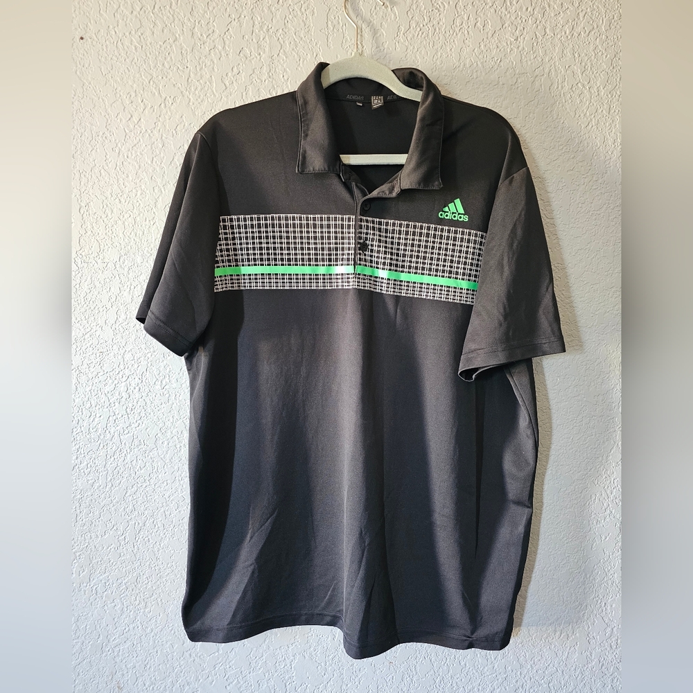 adidas Black Polo with Neon Green Stripe and Grid Size XL